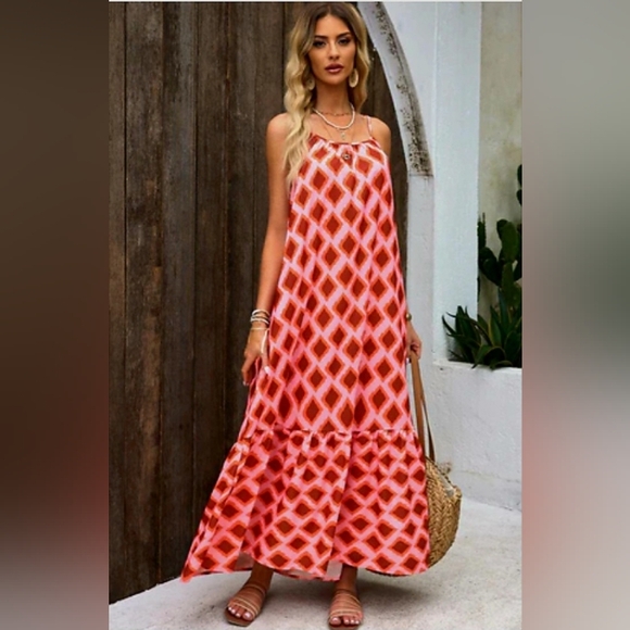 BOHEMIAN RED & PINK ARGYLE PRINT MAXI DRESS NWT - Picture 13 of 13